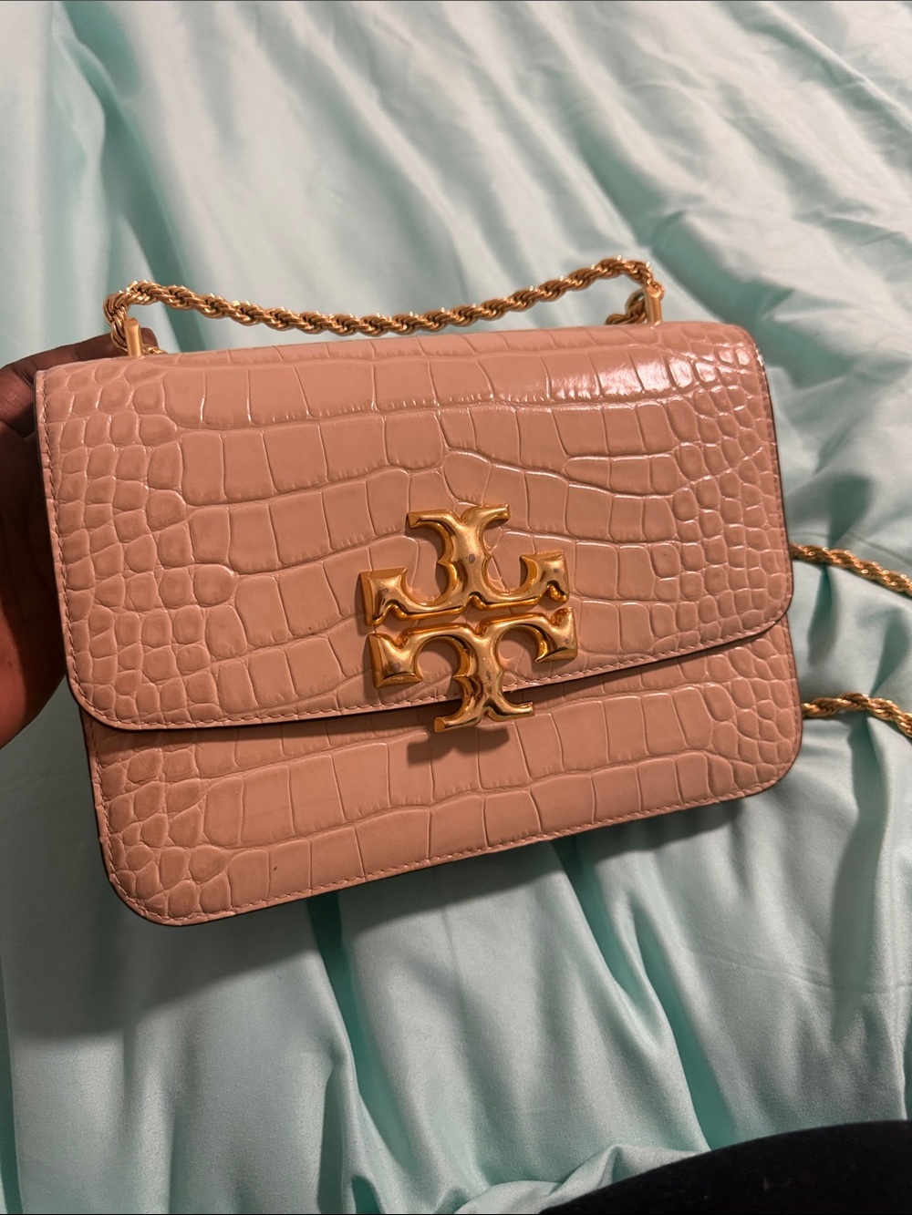 Tory Burch Blush Croc-Embossed Shoulder Bag with Gold Hardware